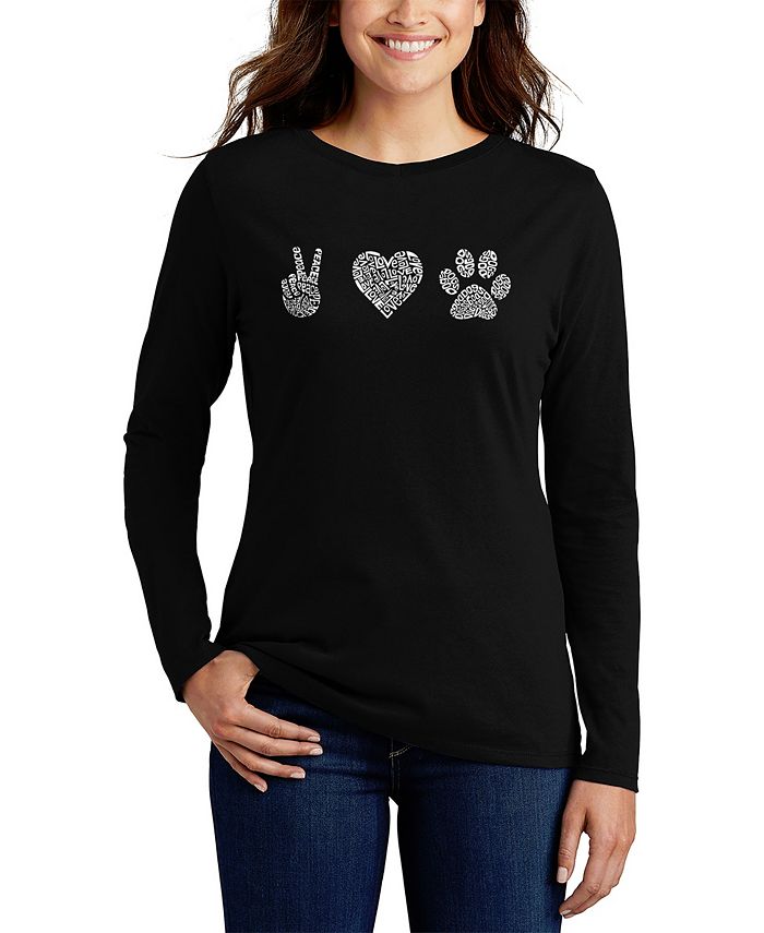 LA Pop Art Women's Peace Love Dogs Word Art Long Sleeve T-shirt