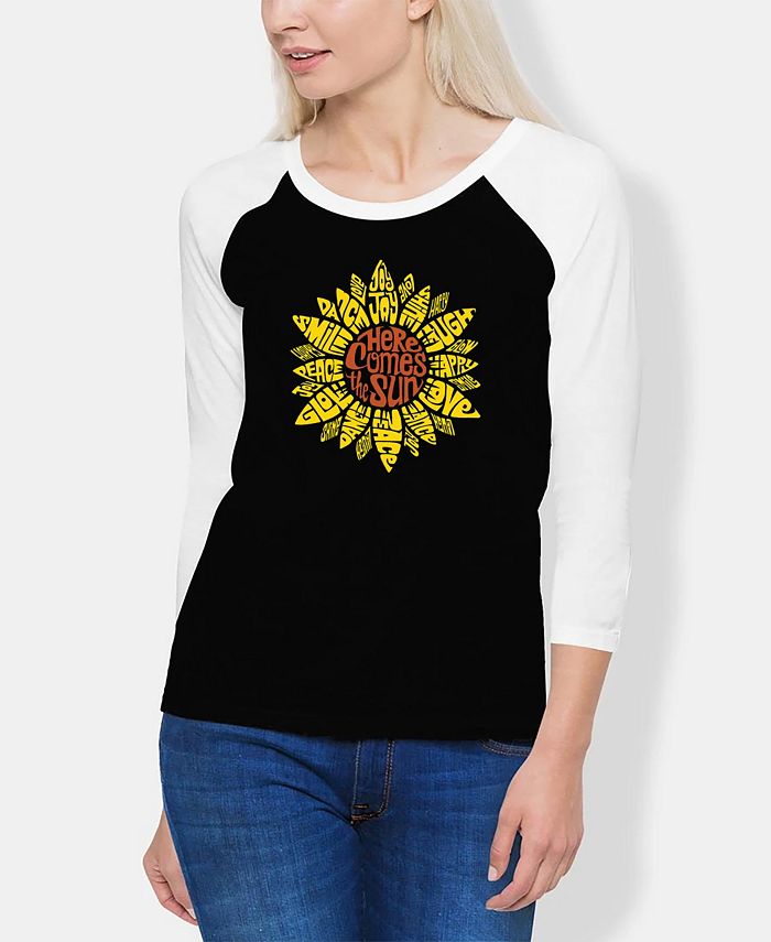 LA Pop Art Women's Raglan Sunflower Word Art T-shirt