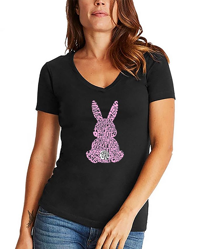 LA Pop Art Women's Easter Bunny Word Art V-Neck T-shirt