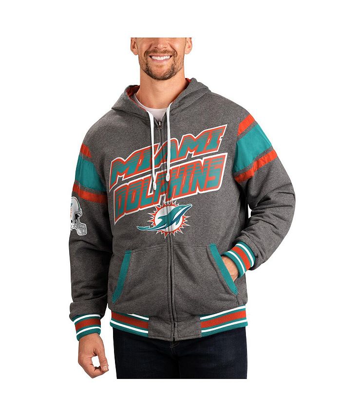 G-III Sports by Carl Banks Men's Gray, Aqua Miami Dolphins Extreme Full Back Reversible Hoodie Full-Zip Jacket