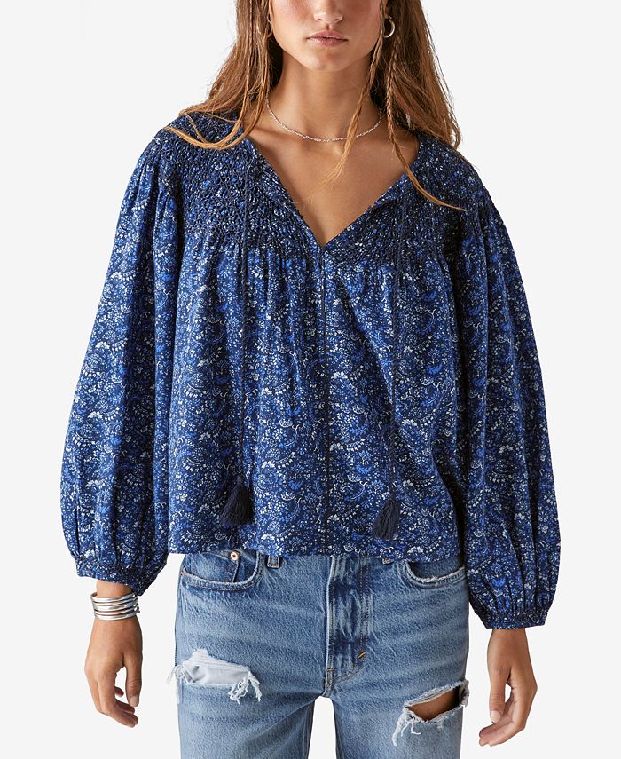 Lucky Brand Women's Printed Smocked Peasant Blouse