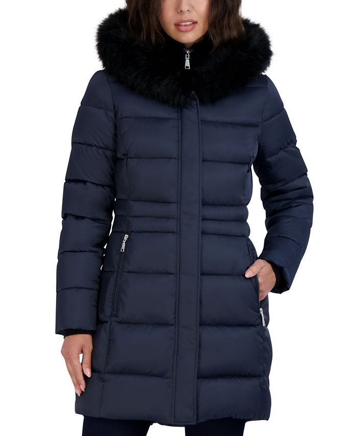 Tahari Women's Velvet Bibbed Faux-Fur-Trim Hooded Puffer Coat