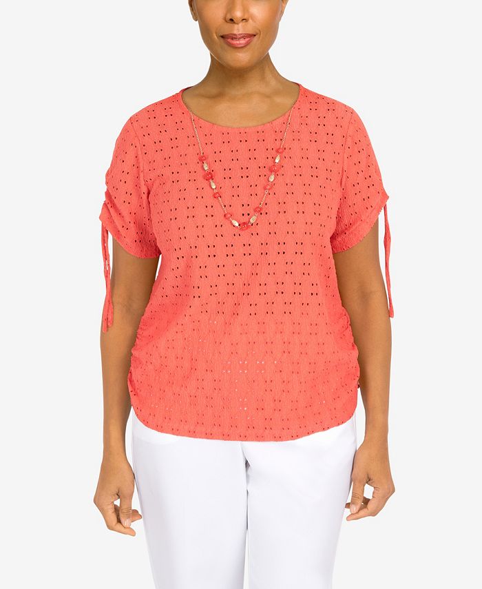 Alfred Dunner Petite Drawstring Eyelet Top