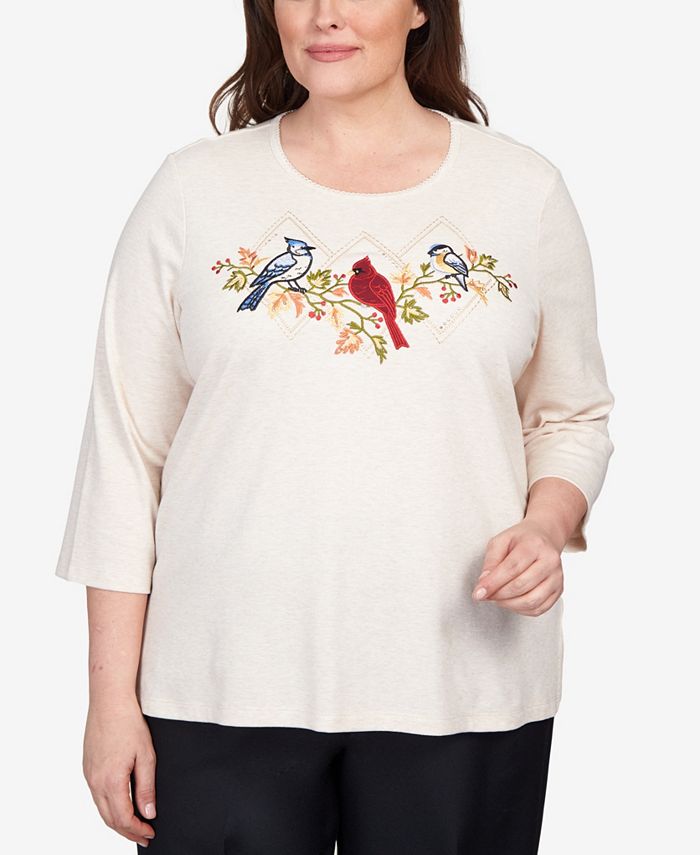 Alfred Dunner Plus Size Classics Birds Trio 3/4 Sleeve Top