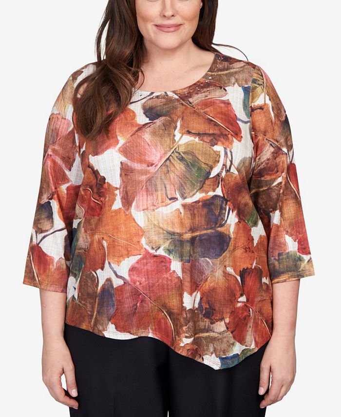 Alfred Dunner Plus Size Classics Autumn Leaves Asymmetric Hem Top