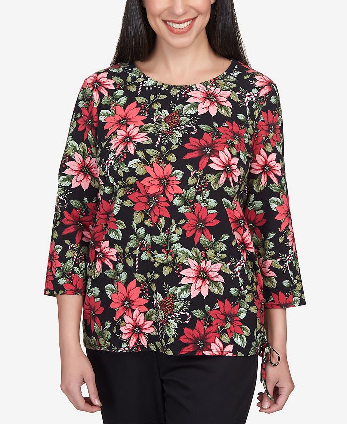 Alfred Dunner Petite Classics Poinsettia and Candy Canes Crew Neck Top