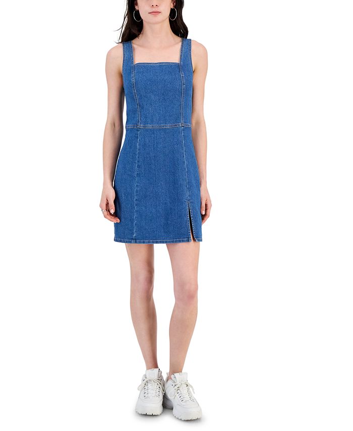 Tinseltown Juniors' Square-Neck Seamed Slit-Front Denim Dress