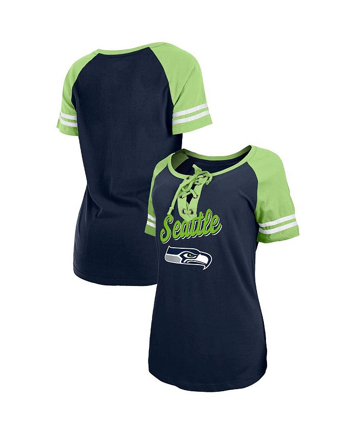 New Era Women's College Navy, Neon Green Seattle Seahawks Logo Lace-Up Raglan T-shirt