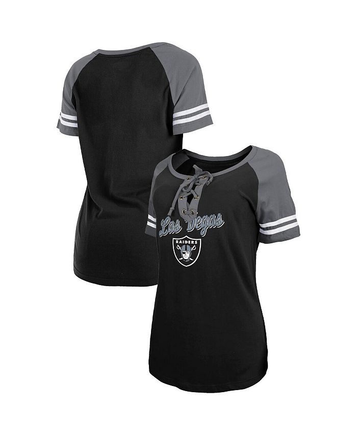 New Era Women's Black, Silver Las Vegas Raiders Logo Lace-Up Raglan T-shirt