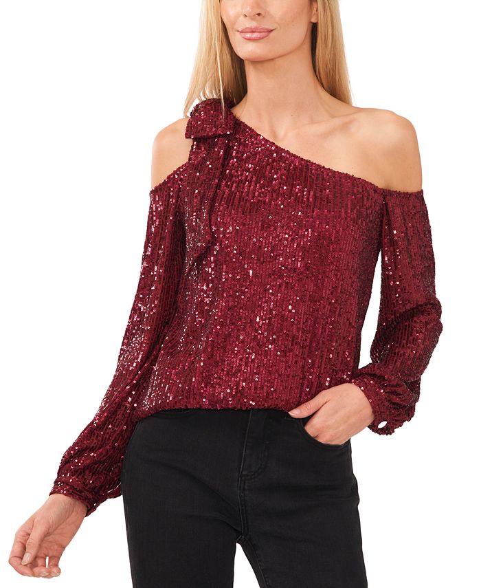 CeCe Women's Long Sleeve Sequin One-Shoulder Top