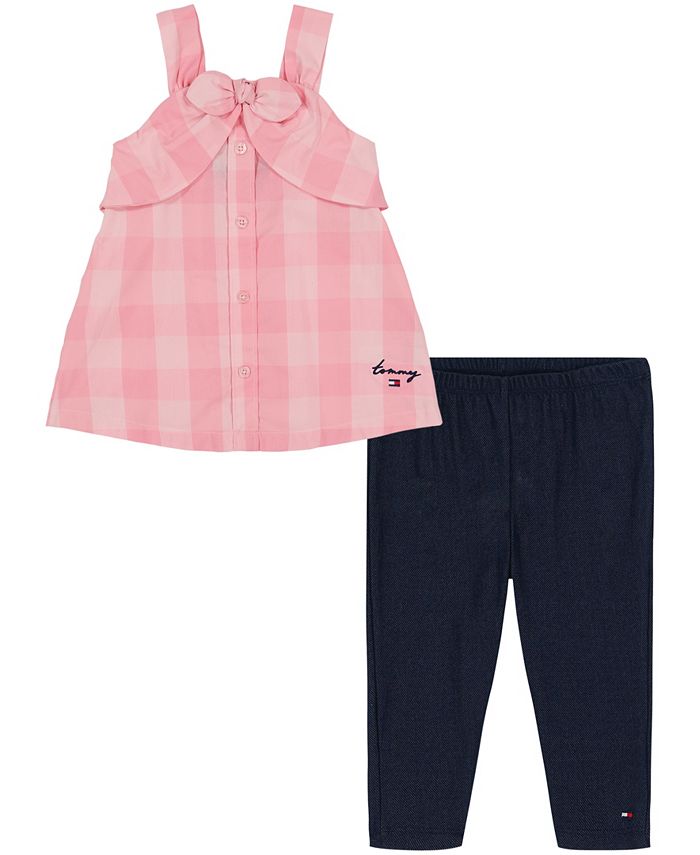 Tommy Hilfiger Little Girls Gingham Plaid Button Front Tunic and Capri Jeggings, 2 Piece Set