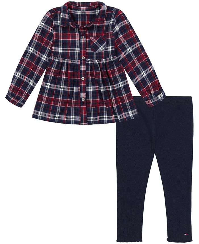 Tommy Hilfiger Toddler Girls Plaid Flannel Shirt Tunic and Ribbed Leggings, 2 Piece Set