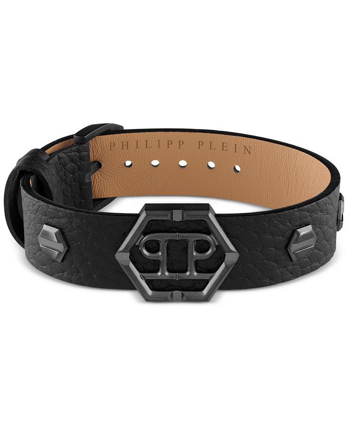 Philipp Plein Gunmetal IP Stainless Steel Logo Leather Flex Bracelet