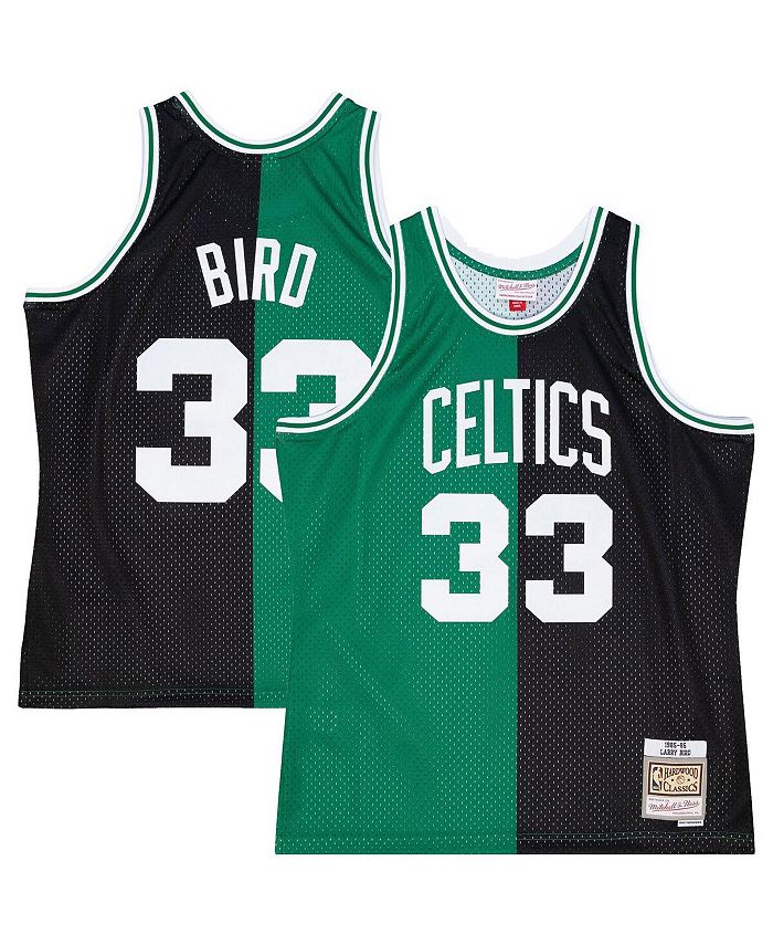Mitchell & Ness Men's Larry Bird Kelly Green, Black Boston Celtics Big and Tall Hardwood Classics 1985-86 Split Swingman Jersey