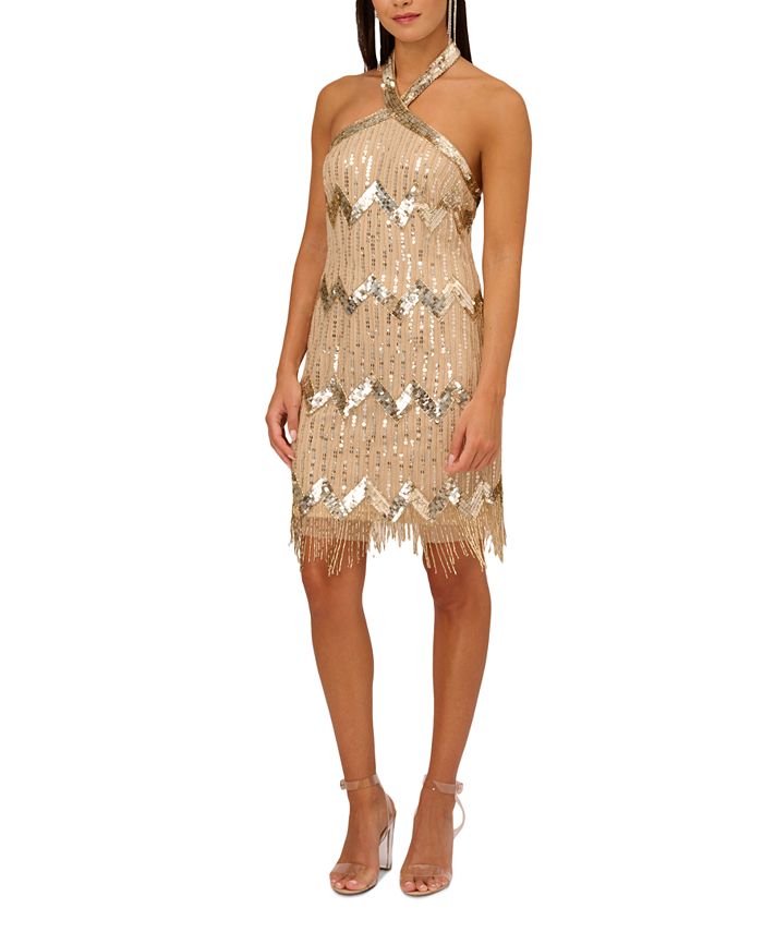 Aidan by Aidan Mattox Women's Beaded Sequin Halter-Neck Mini Dress