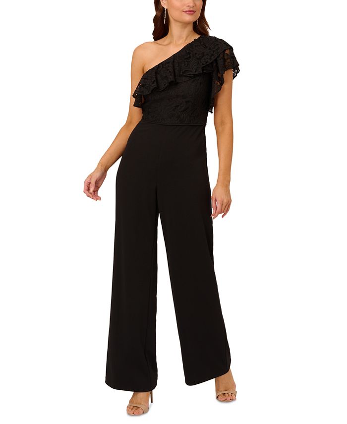 Adrianna Papell Petite One-Shoulder Lace-Bodice Jumpsuit