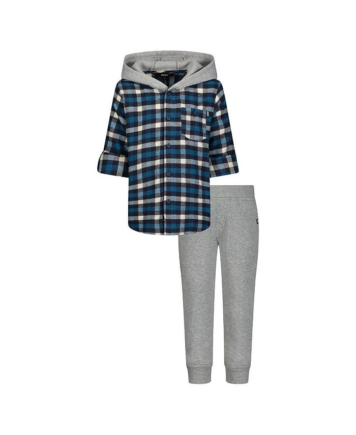 DKNY Boy's 2 Piece Hooded Flannel Shirt & Fleece Jogger Set, Kids