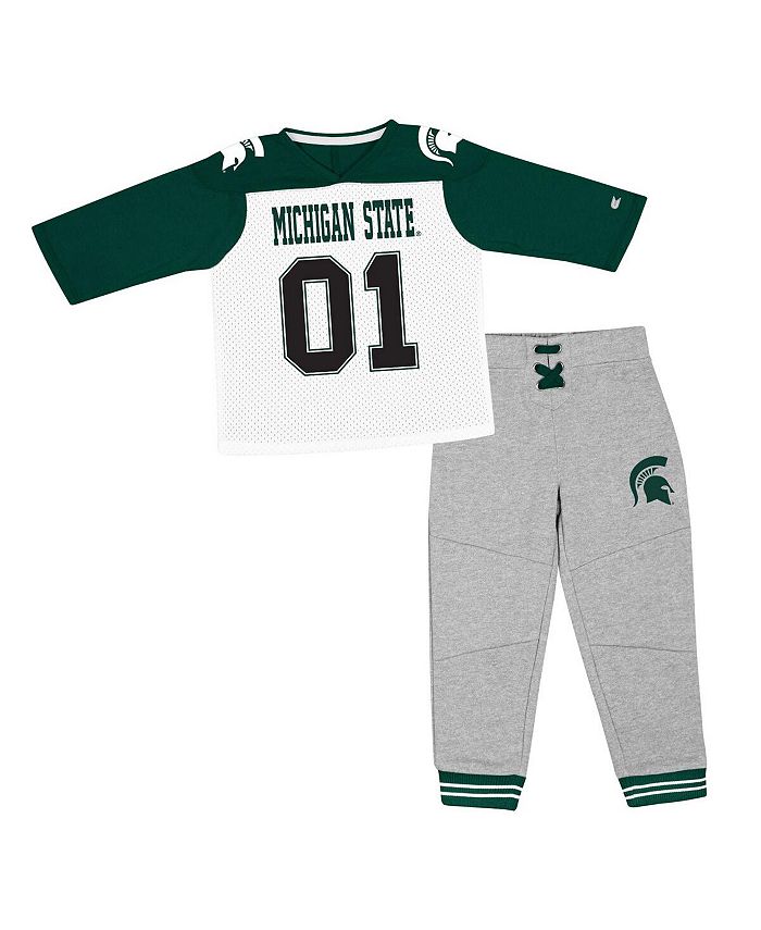 Colosseum Toddler Boys Green, Heather Gray Michigan State Spartans Jingtinglers Football V-Neck Jersey T-shirt and Pants Set