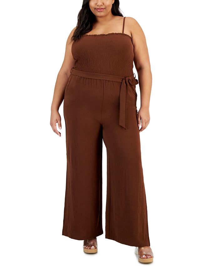 FULL CIRCLE TRENDS Plus Size Smocked Tie-Waist Slit-Leg Jumpsuit