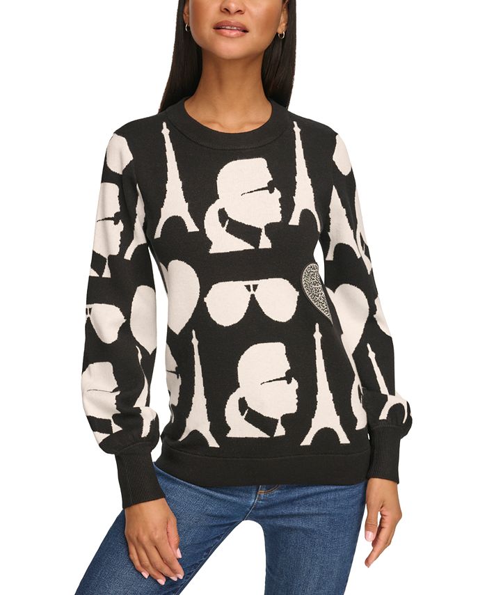 KARL LAGERFELD PARIS Women's Iconic Logo Puff-Sleeve Sweater