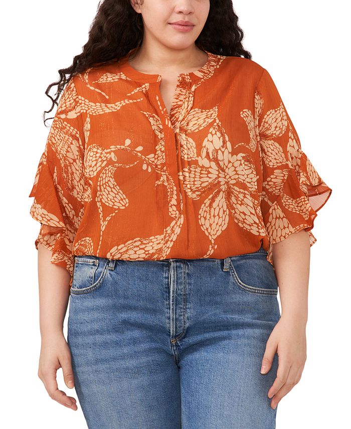 Vince Camuto Plus Size Printed Flutter-Sleeve Pintuck Blouse