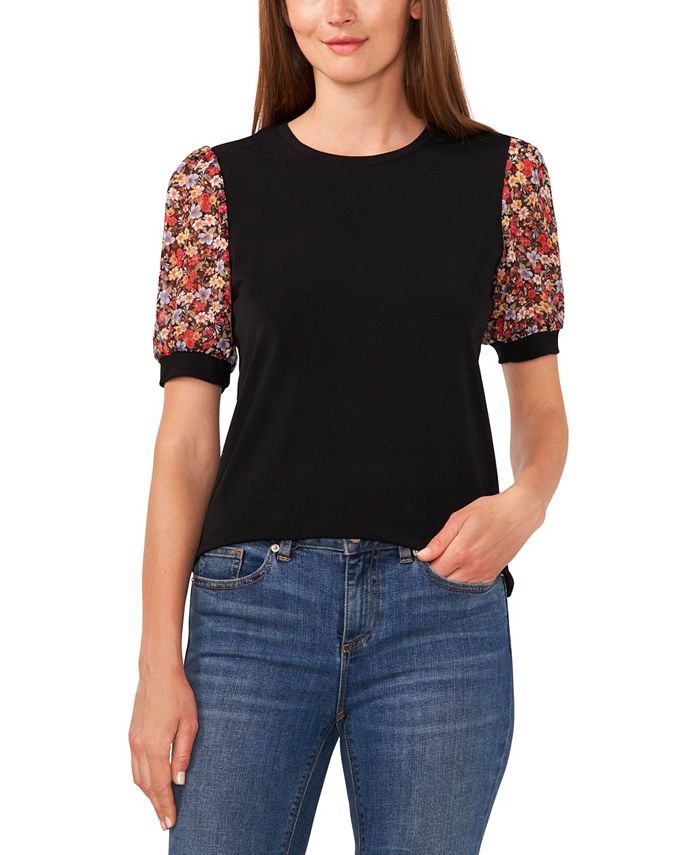 CeCe Women's Floral Mixed Media Puff Sleeve Knit Top
