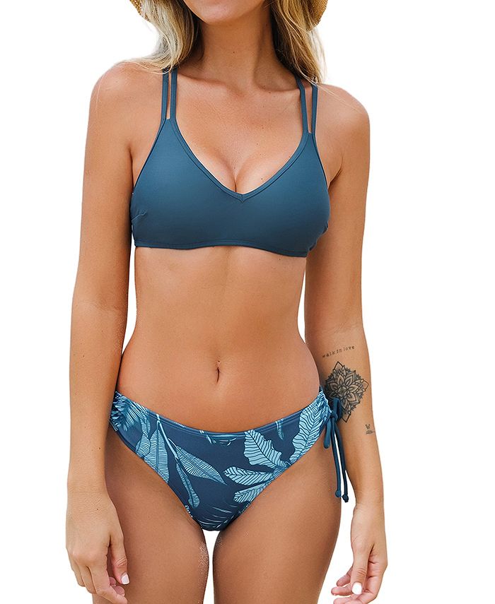 CUPSHE Women's Strappy Bralette & Leaf Print Ruched Drawstring Bikini Set