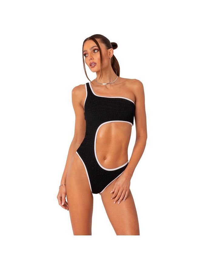 Edikted Women's Contrast Binding One Shoulder Cutout One Piece Swimsuit