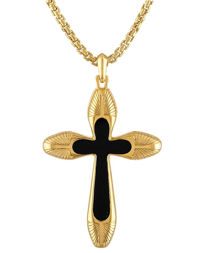 Bulova Men's Icon Black Agate Cross Pendant Necklace in 14k Gold, 24 + 2 extender