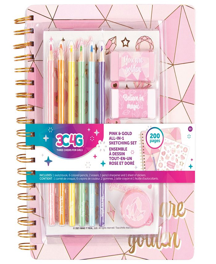 Three Cheers For Girls 3C4G Pink Gold-Tone All-in-1 Sketching Set Make It Real, Tweens Girls, Journal Art 200 Page Book, Take Notes in Class, Sketch Doodle, Spark Creativity