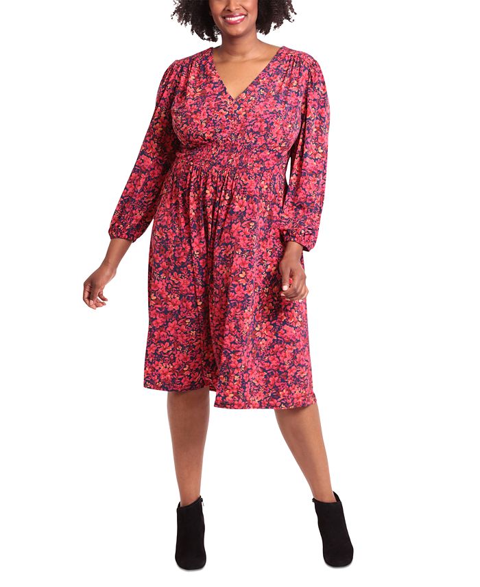 London Times Plus Size Smocked-Trim Long-Sleeve Dress