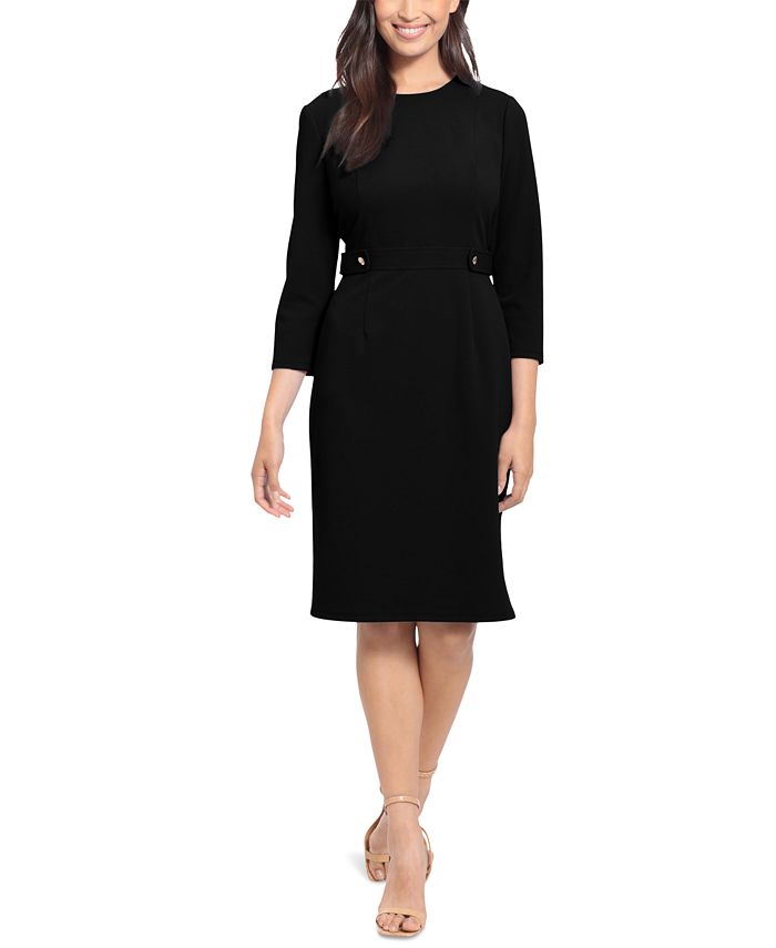 London Times Petite 3/4-Sleeve Tab-Waist Sheath Dress