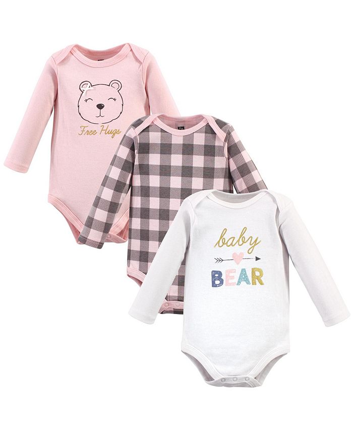 Hudson Baby Infant Girl Cotton Long-Sleeve Bodysuits, Girl Baby Bear, 3-Pack