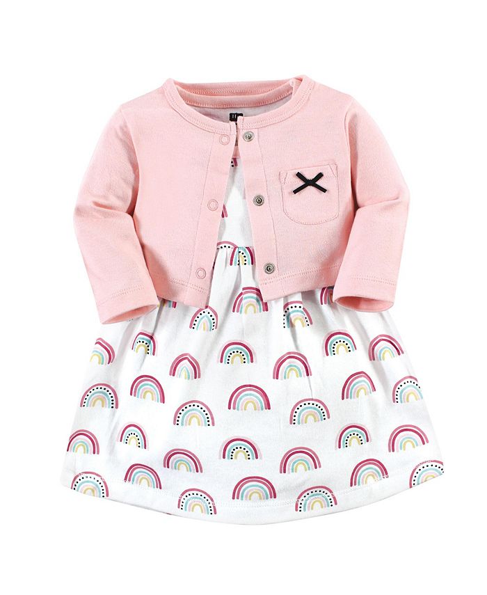 Hudson Baby Infant Girl Cotton Dress and Cardigan Set, Modern Rainbow