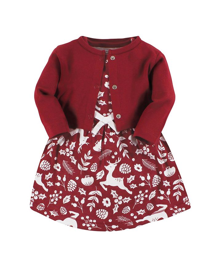 Touched by Nature Infant Girl Organic Cotton Dress and Cardigan, Red Winter Folk