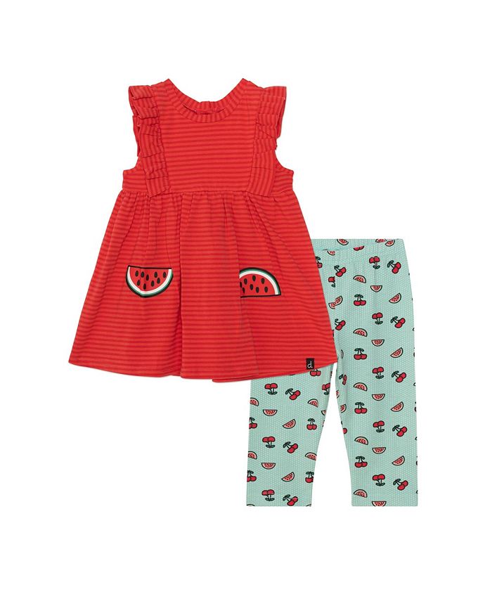 Deux par Deux Baby Girl Organic Cotton Sleeveless Tunic & Capri Set Red Stripe & Aqua Cherry Print - Infant