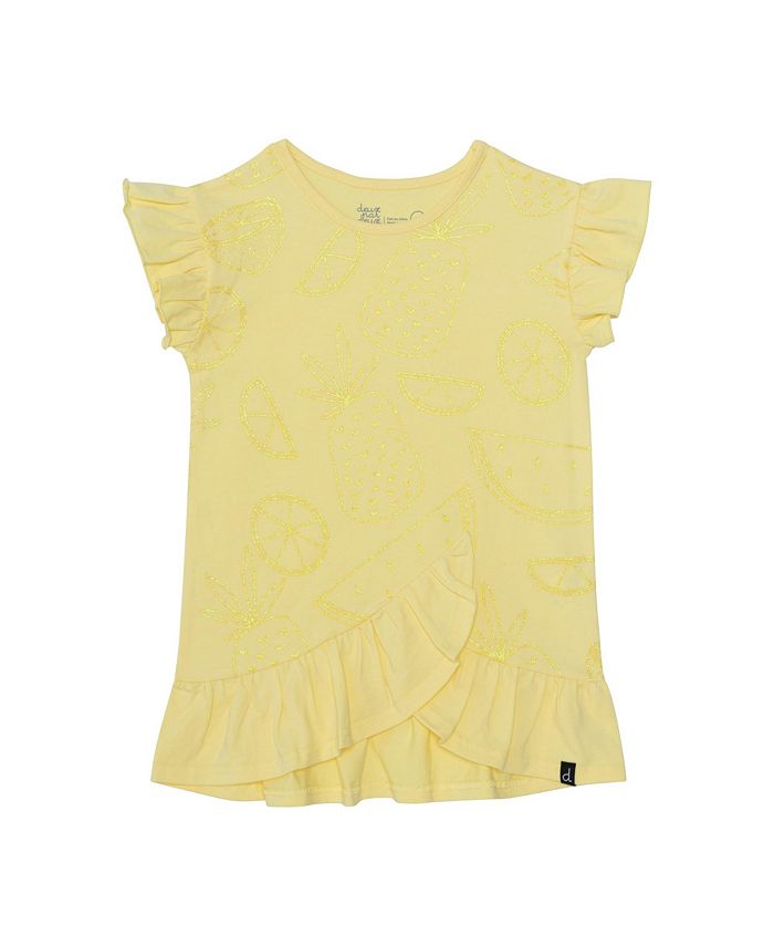 Deux par Deux Girl Organic Cotton Short Sleeve Glitter Graphic Tunic With Frill Yellow - Child