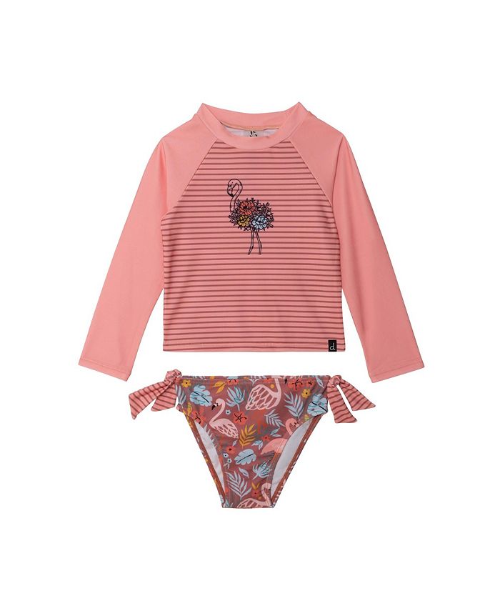 Deux par Deux Girl Printed Two Piece Long Sleeve Rash guard Coral Stripe & Cinnamon Pink Flamingos - Child