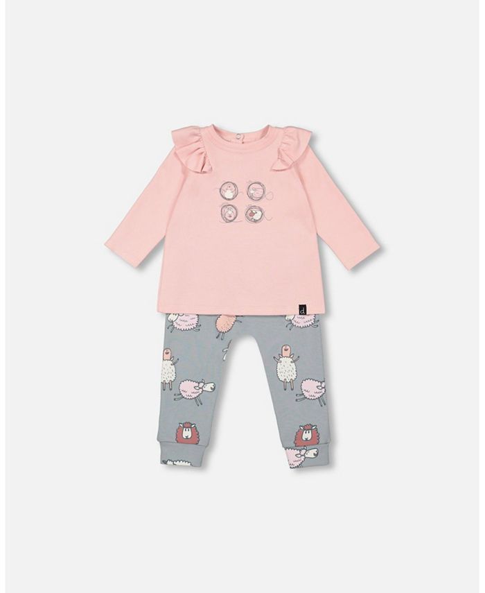 Deux par Deux Baby Girl Organic Cotton Top And Printed Pant Set Powder Pink And Blue Grey With Sheep Print - Infant