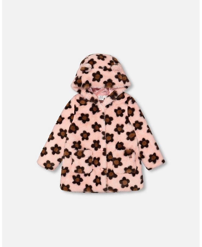 Deux par Deux Girl Jacquard Faux Fur Hooded Coat Pink With Brown Flower - Toddler|Child