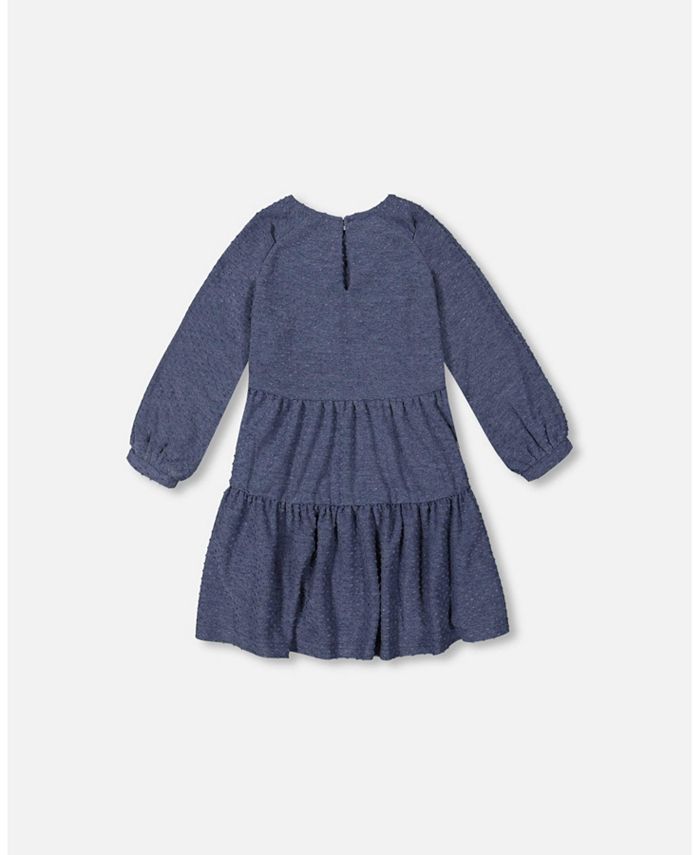 Deux par Deux Girl Long Sleeve Peasant Swiss Dot Jersey Dress In Denim Blue Color - Toddler|Child