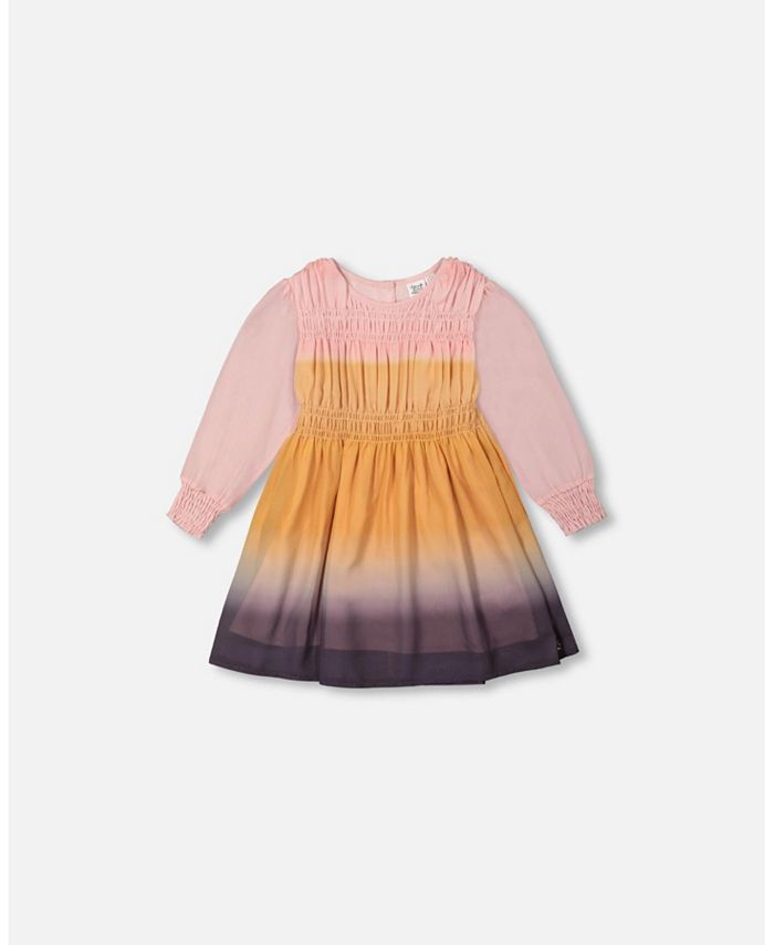 Deux par Deux Girl Gradient Chiffon Dress With Smocking Pink And Gold - Toddler|Child