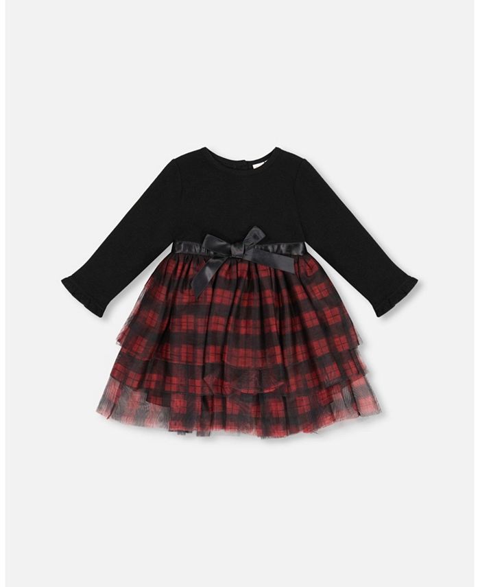 Deux par Deux Girl Bi-Material Black Long Sleeve Dress With Tulle Skirt Buffalo Plaid - Toddler|Child