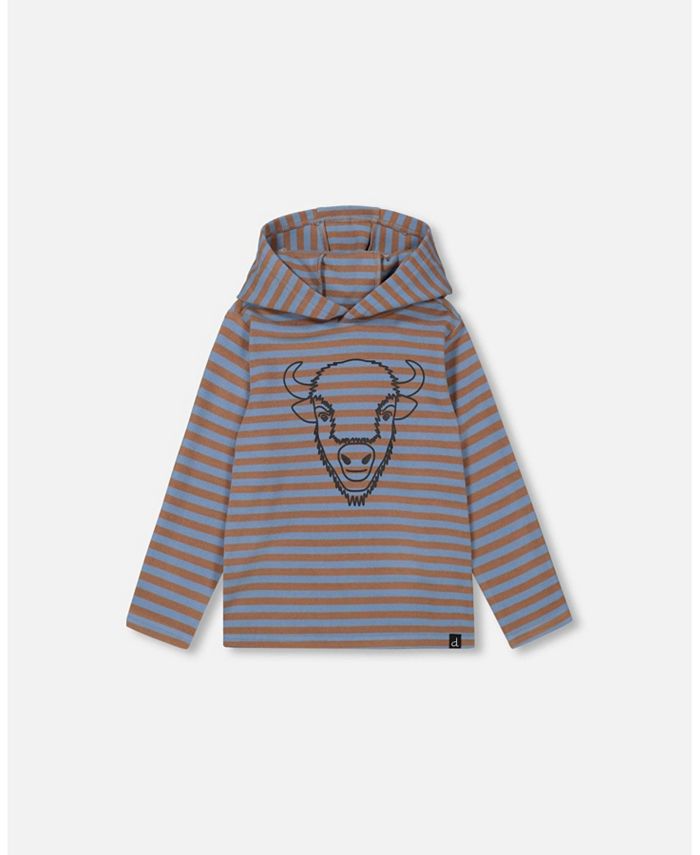 Deux par Deux Boy Super Soft Heavy Jersey Hooded Striped Top Blue And Brown Stripe - Child