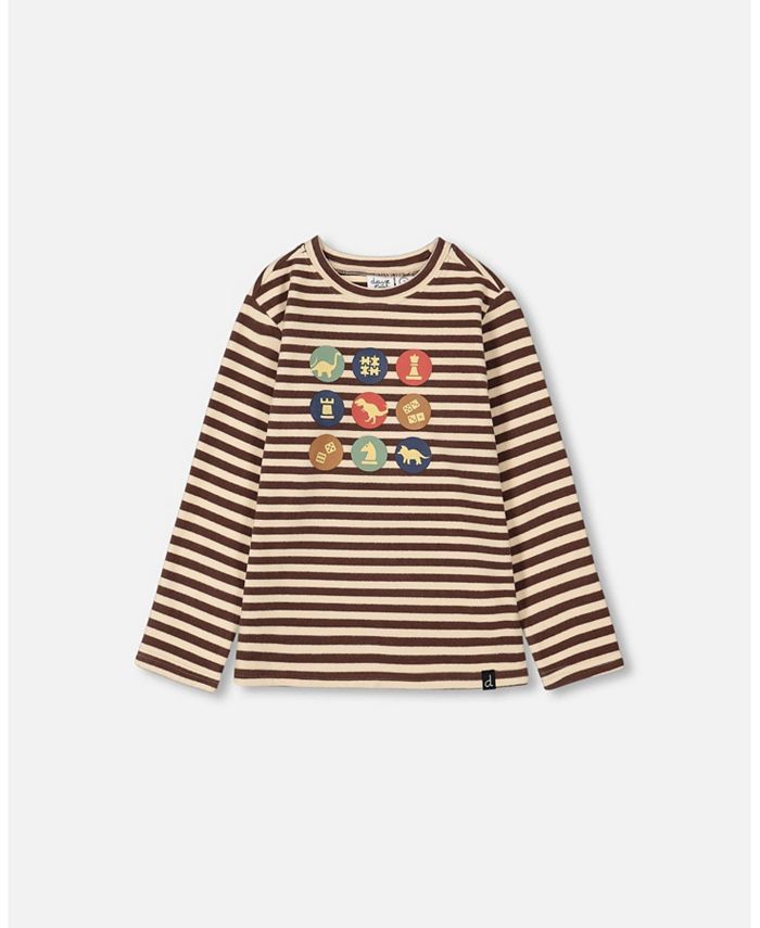 Deux par Deux Baby Boy Super Soft Heavy Jersey Brushed T-Shirt With Print Brown And Beige Stripe - Infant