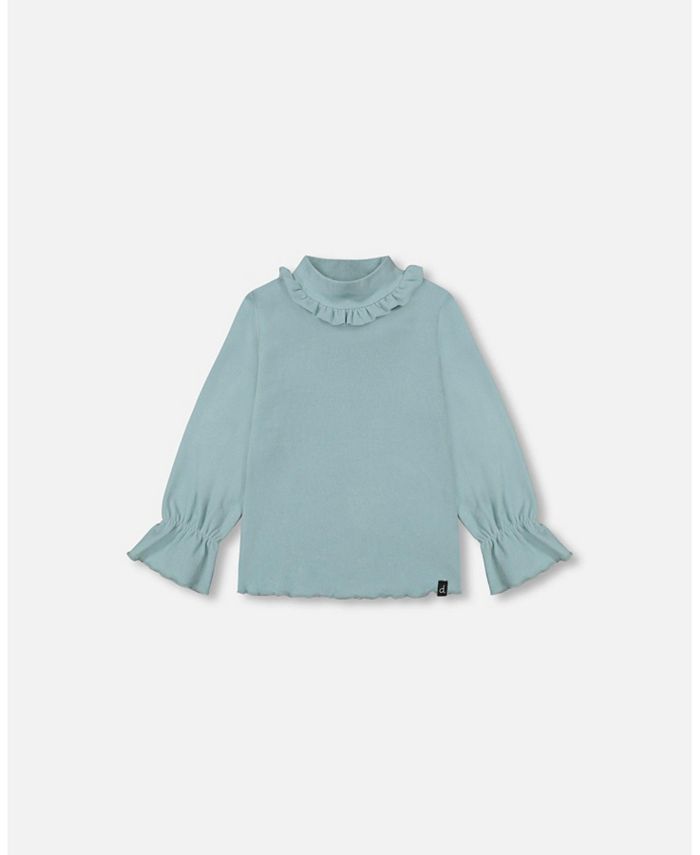 Deux par Deux Girl Super Soft Brushed Rib Mock Neck Top With Frills Mint - Toddler|Child