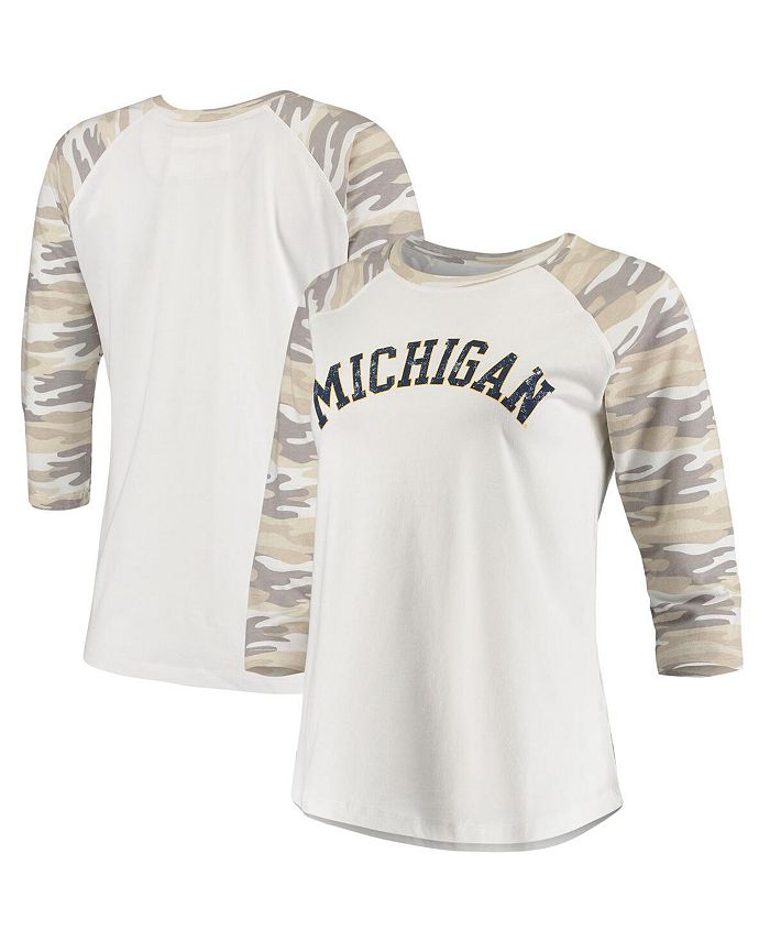 Camp David Women's White and Camo Michigan Wolverines Boyfriend Baseball Raglan 3/4 Sleeve T-shirt