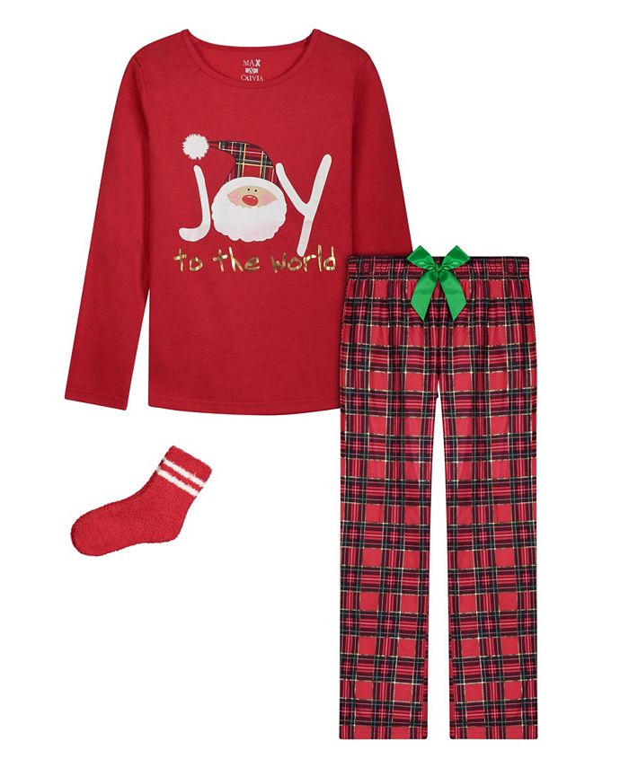 Max & Olivia Big Girls 3 Piece Holiday Top, Pajama and Socks Set