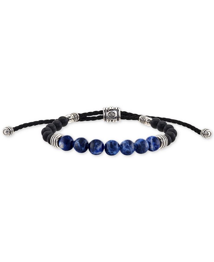 Esquire Men's Jewelry Sodalite (8mm) & Onyx (6mm) Corded Bolo Bracelet in Sterling Silver