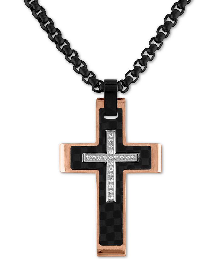 Esquire Men's Jewelry Diamond Cross 22 Pendant Necklace (1/10 ct. t.w.) in Stainless Steel, Black Carbon Fiber